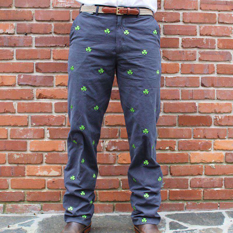 Embroidered Harbor Pants in Nantucket Navy with Shamrocks by Castaway Clothing - Country Club Prep