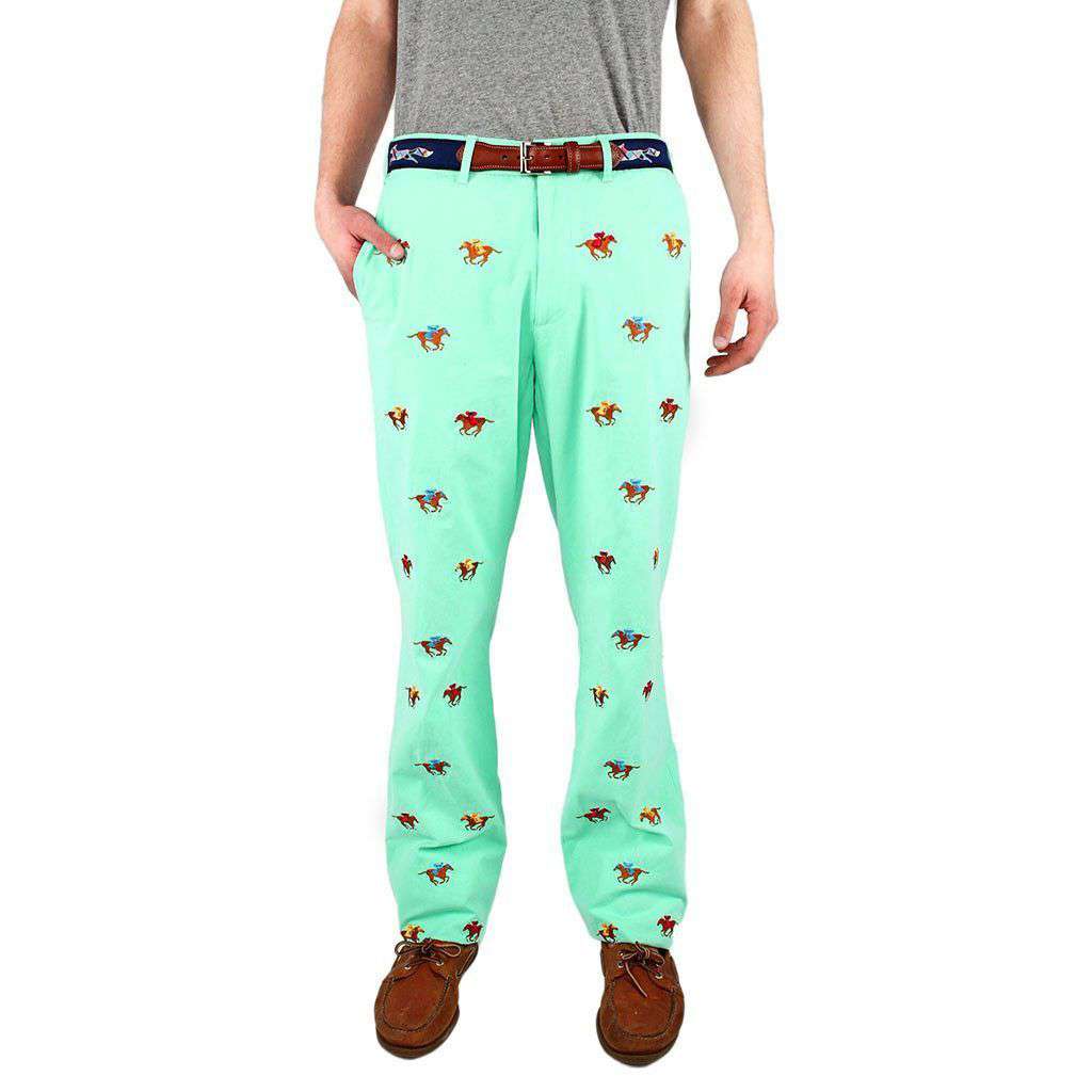 Embroidered Harbor Pants in Palm Green with Racing Horse by Castaway Clothing - Country Club Prep