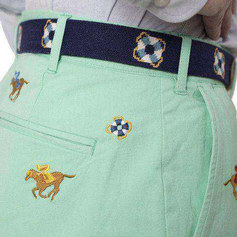 Embroidered Harbor Pants in Palm Green with Racing Horse by Castaway Clothing - Country Club Prep