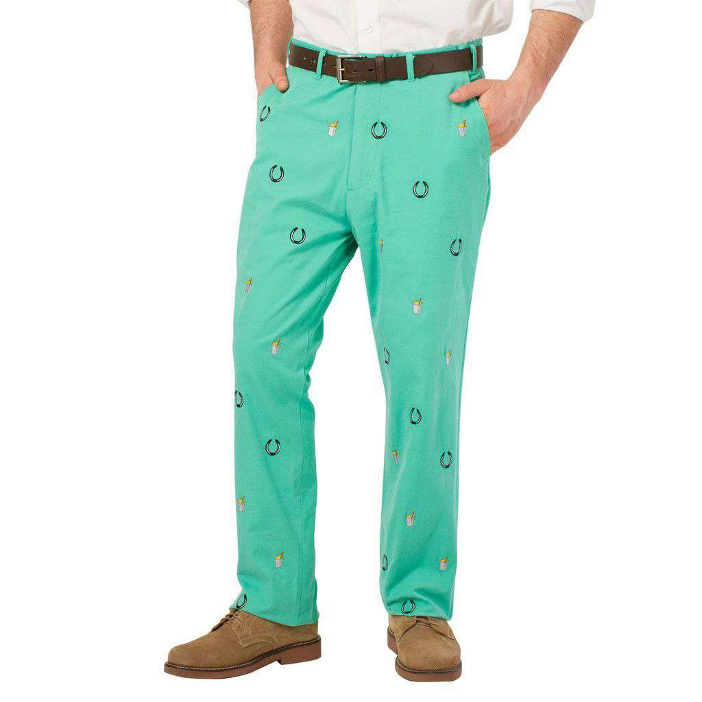 Embroidered Harbor Pants in Seaglass Green with Lucky Mint Julep by Castaway Clothing - Country Club Prep