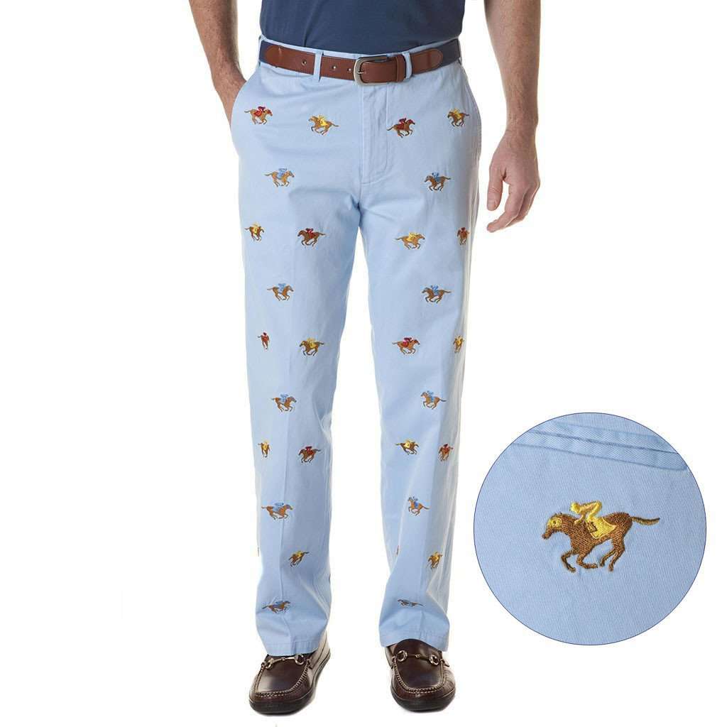 Harbor Pant in Liberty with Embroidered Racing Horses by Castaway Clothing - Country Club Prep