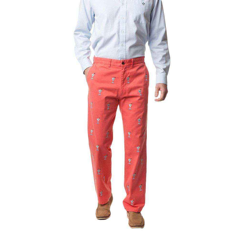 Harbor Pant in Red Dawn with Embroidered Martinis (unfinished inseam) by Castaway Clothing - Country Club Prep