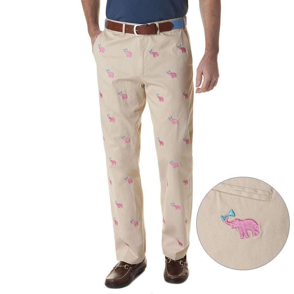 Harbor Pant in Tan with Embroidered Pink Elephant Martini by Castaway Clothing - Country Club Prep