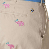 Harbor Pant in Tan with Embroidered Pink Elephant Martini by Castaway Clothing - Country Club Prep