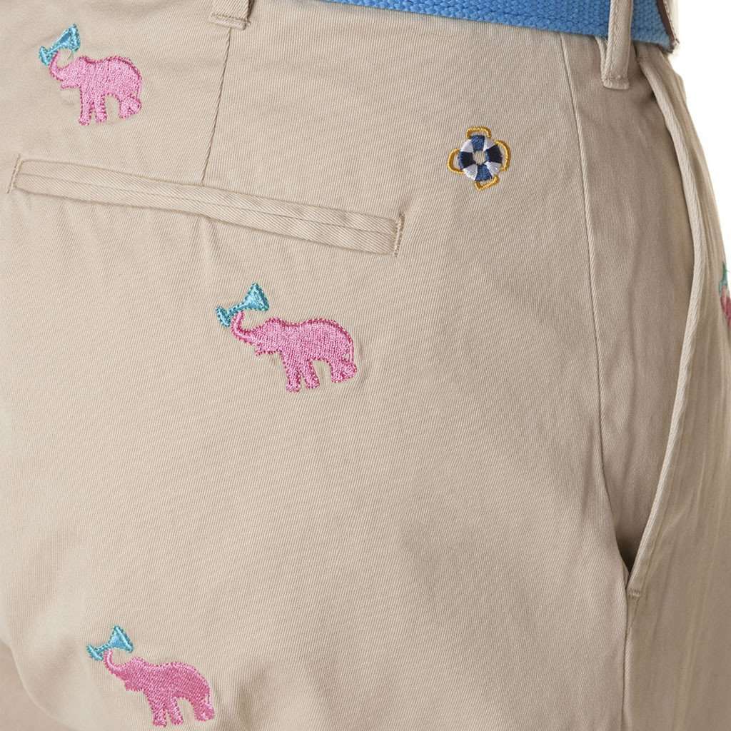 Harbor Pant in Tan with Embroidered Pink Elephant Martini by Castaway Clothing - Country Club Prep