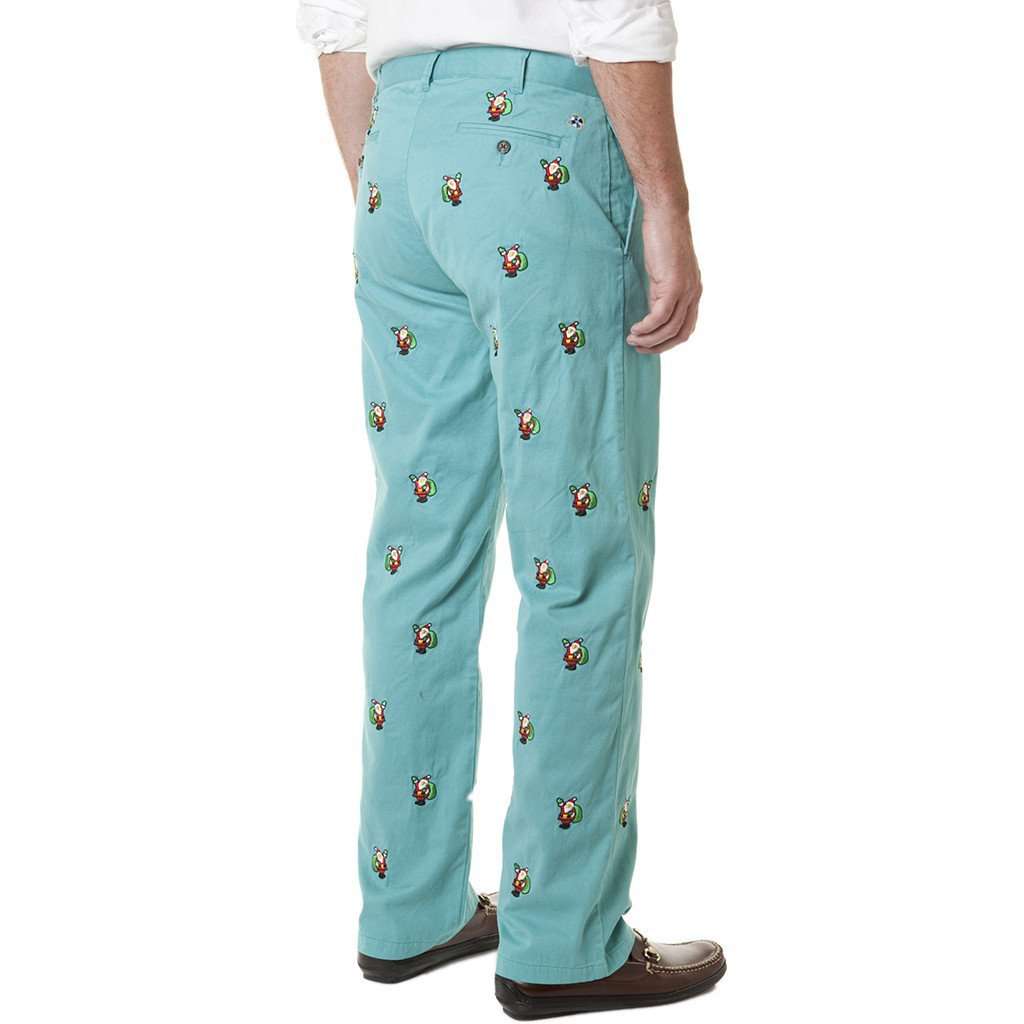 Mariner Pants in Lagoon with Embroidered Santa by Castaway Clothing - Country Club Prep