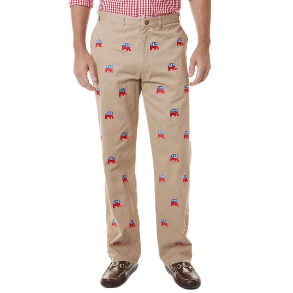 Mariner Pants in Tan with Republican Elephants by Castaway Clothing - Country Club Prep
