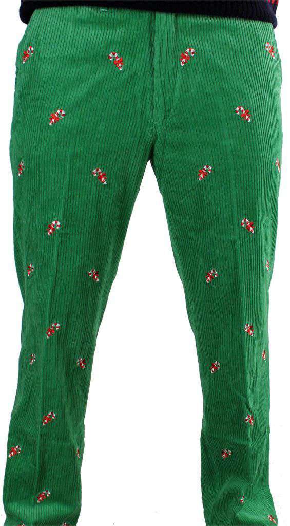Wide Wale Corduroy Pants in Evergreen with Embroidered Candy Canes by Castaway Clothing - Country Club Prep