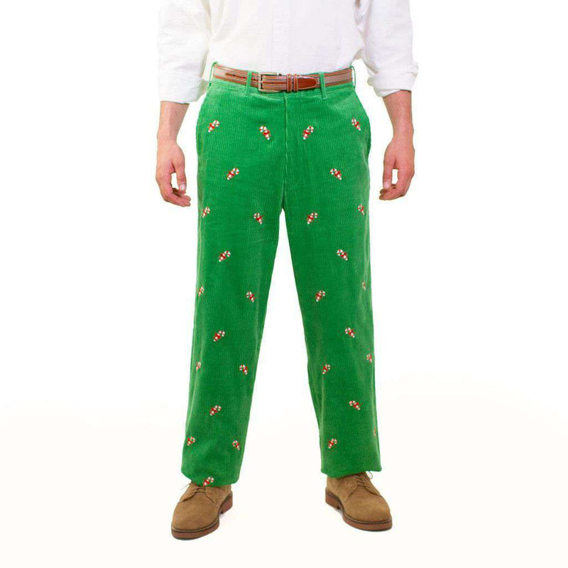 Wide Wale Corduroy Pants in Evergreen with Embroidered Candy Canes by Castaway Clothing - Country Club Prep