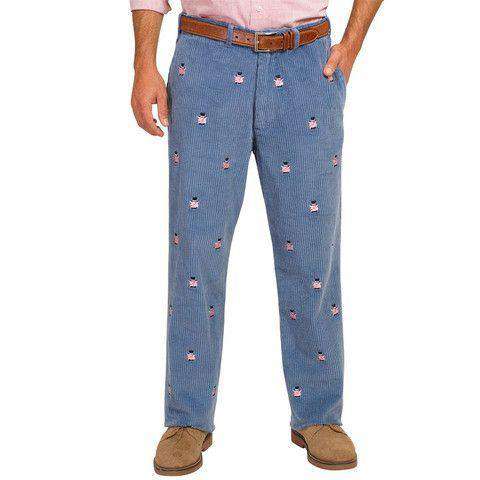 Wide Wale Corduroy Pants in Storm Blue with Capitalistic Pigs by Castaway Clothing - Country Club Prep