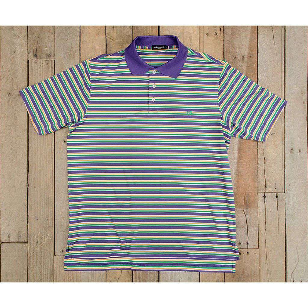 Bermuda Performance Golf Polo in Purple, Green, and Gold Stripes by Southern Marsh - Country Club Prep