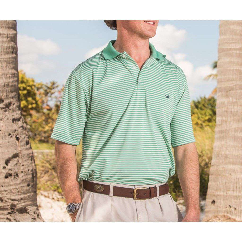 Bermuda Performance Polo in Asparagus and White Stripe by Southern Marsh - Country Club Prep