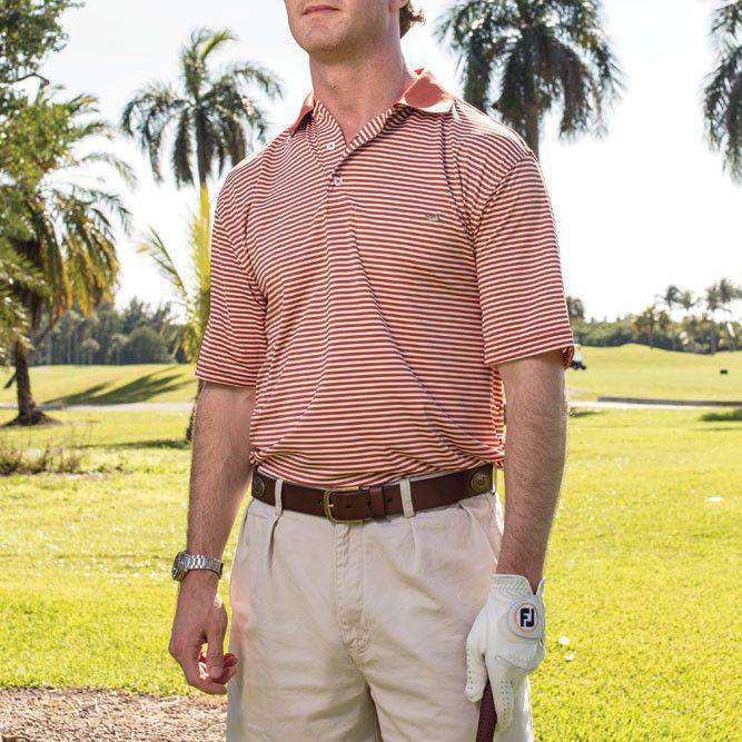 Bermuda Performance Polo in Burnt Orange and White Stripe by Southern Marsh - Country Club Prep