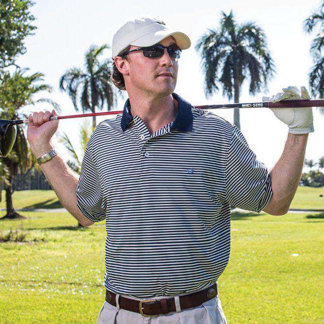 Bermuda Performance Polo in Navy and Light Blue Stripe by Southern Marsh - Country Club Prep
