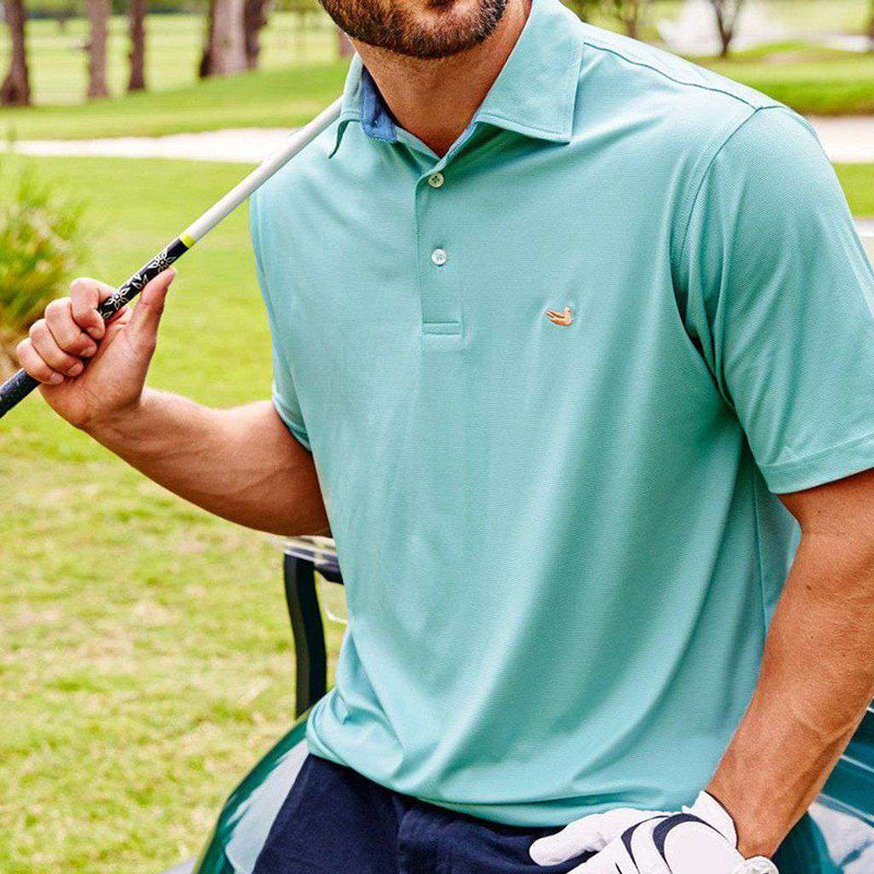 Bermuda Tucker Golf Polo in Slate and Mint by Southern Marsh - Country Club Prep