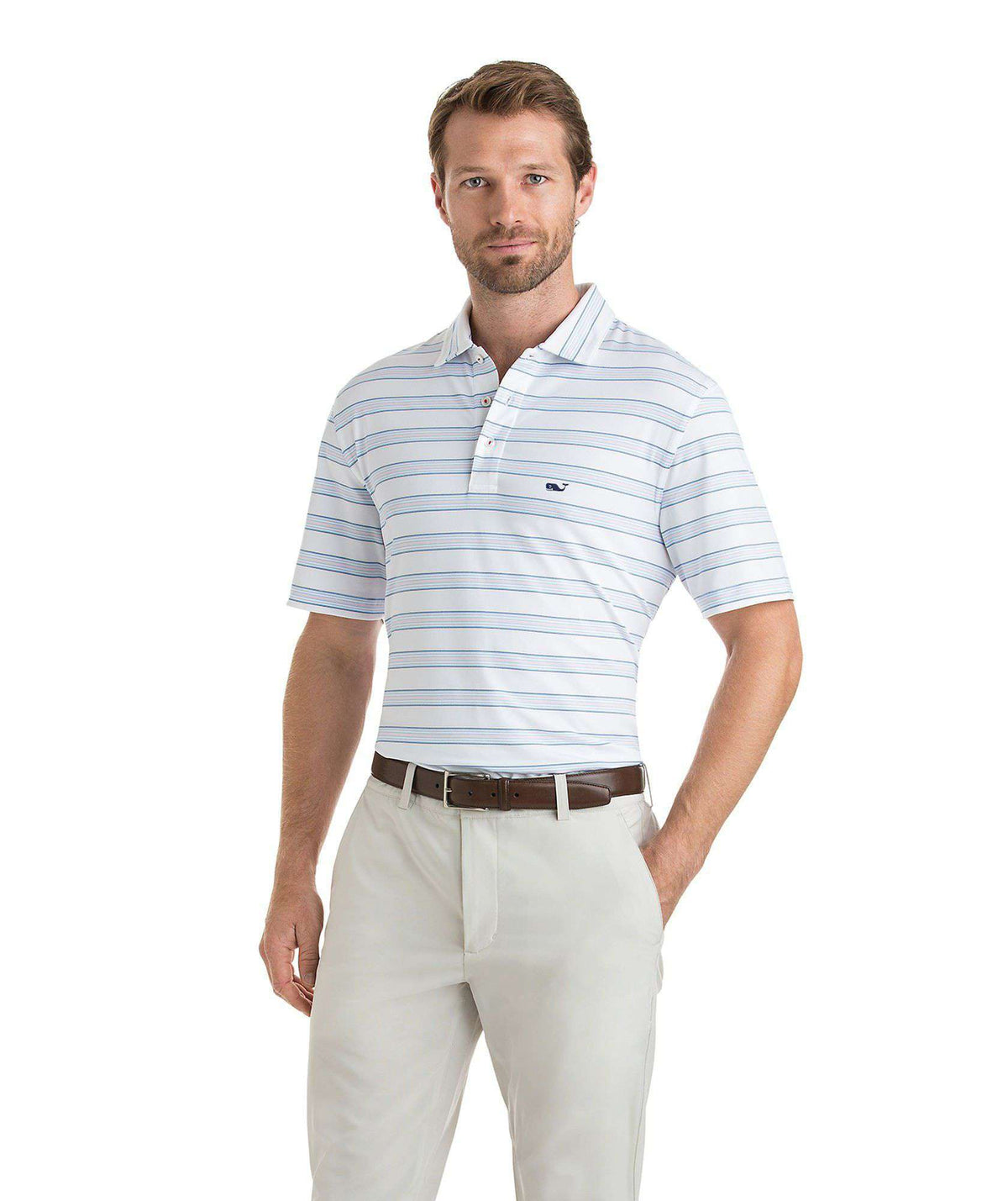 Custom Bowie Stripe Performance Polo in White Cap by Vineyard Vines - Country Club Prep