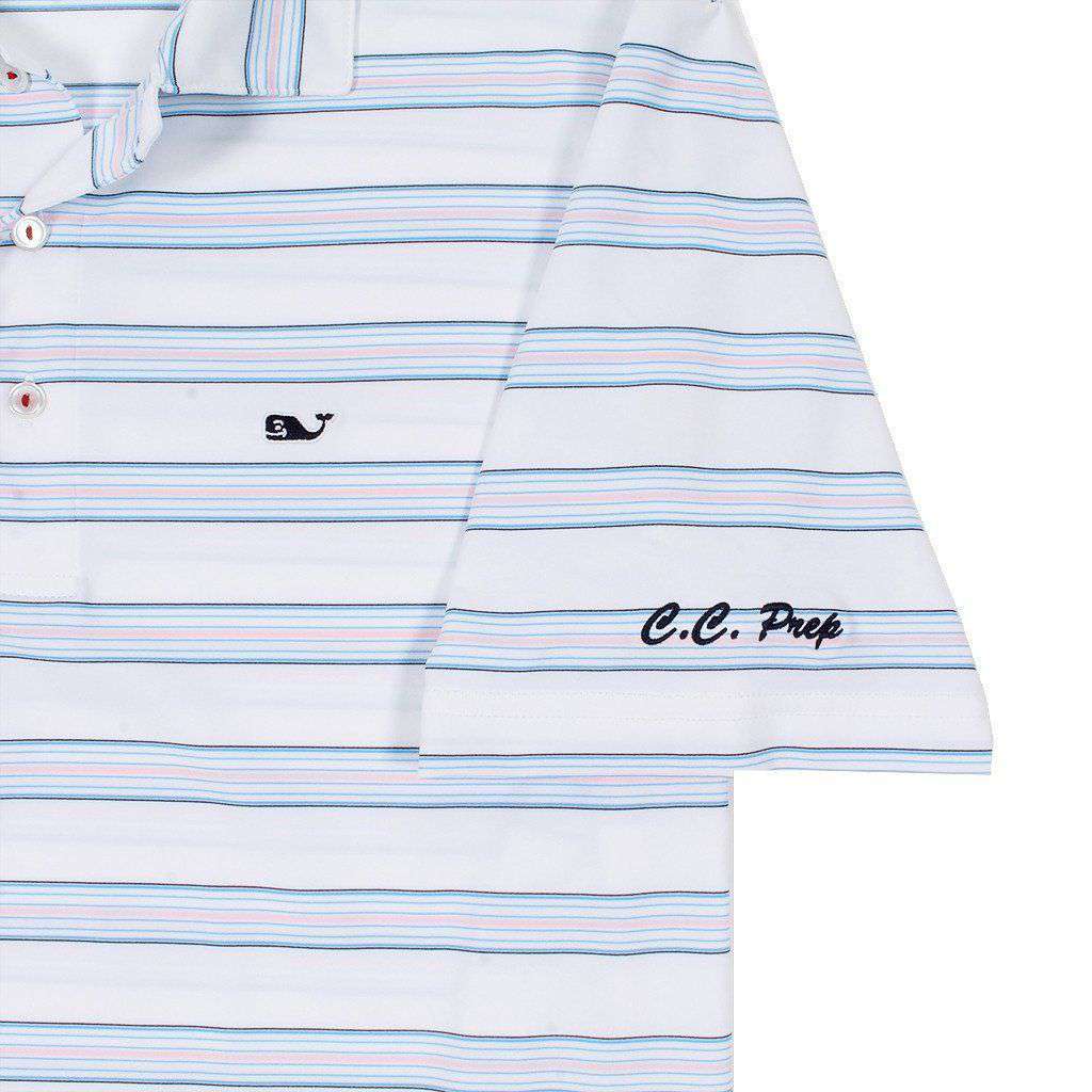 Custom Bowie Stripe Performance Polo in White Cap by Vineyard Vines - Country Club Prep