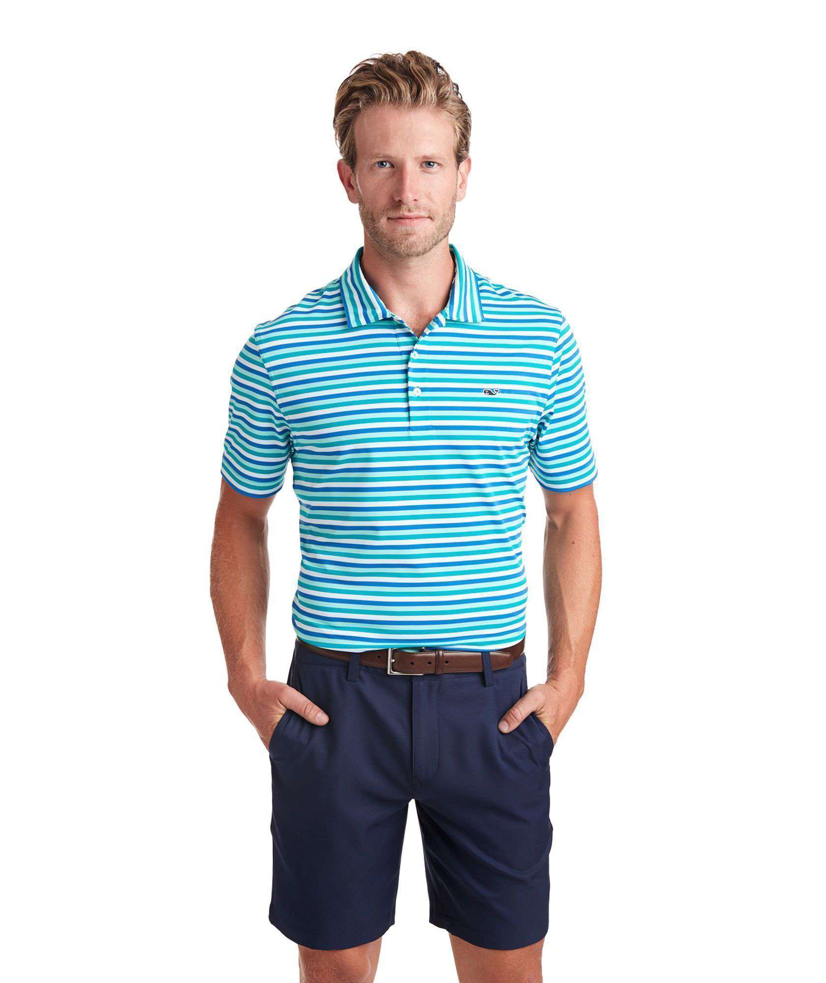 Custom Gill Stripe Sankaty Performance Polo in Turquoise Sea by Vineyard Vines - Country Club Prep
