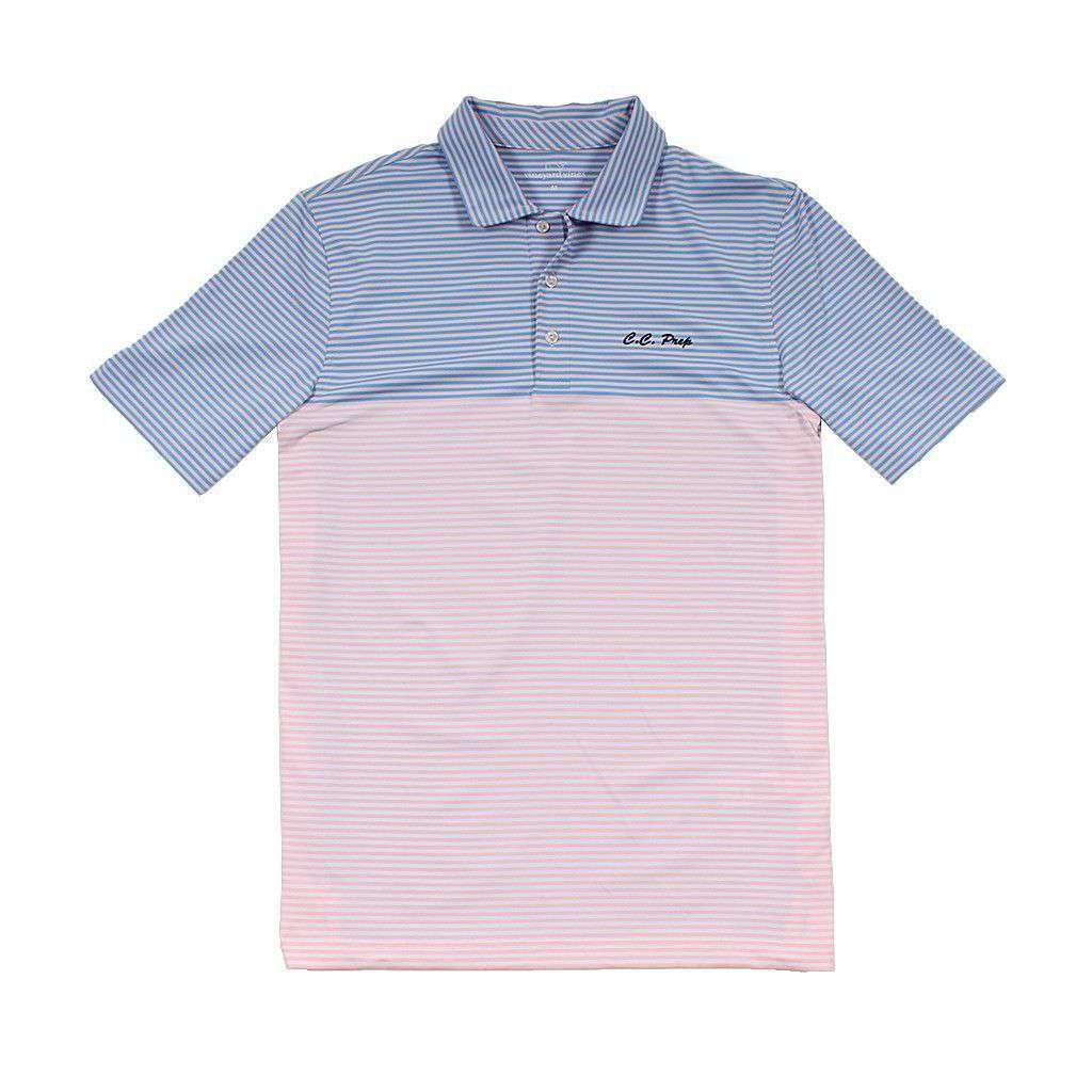 Custom Newport Stripe Performance Polo in Flamingo by Vineyard Vines - Country Club Prep