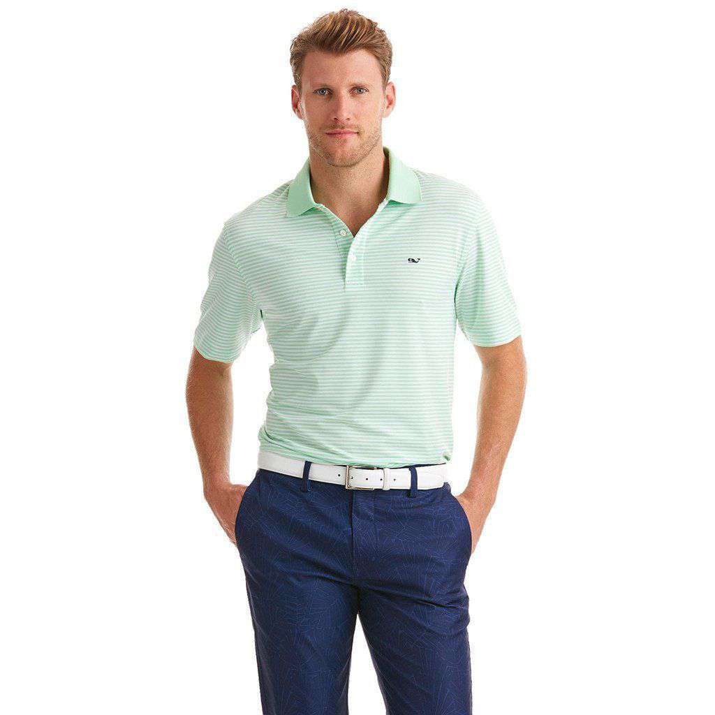 Custom Porter Stripe Performance Polo in Mint Spring by Vineyard Vines - Country Club Prep