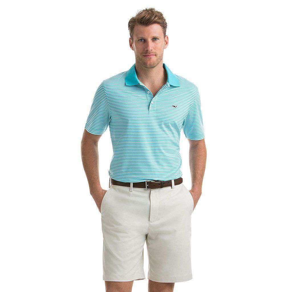 Custom Porter Stripe Performance Polo in Turquoise by Vineyard Vines - Country Club Prep