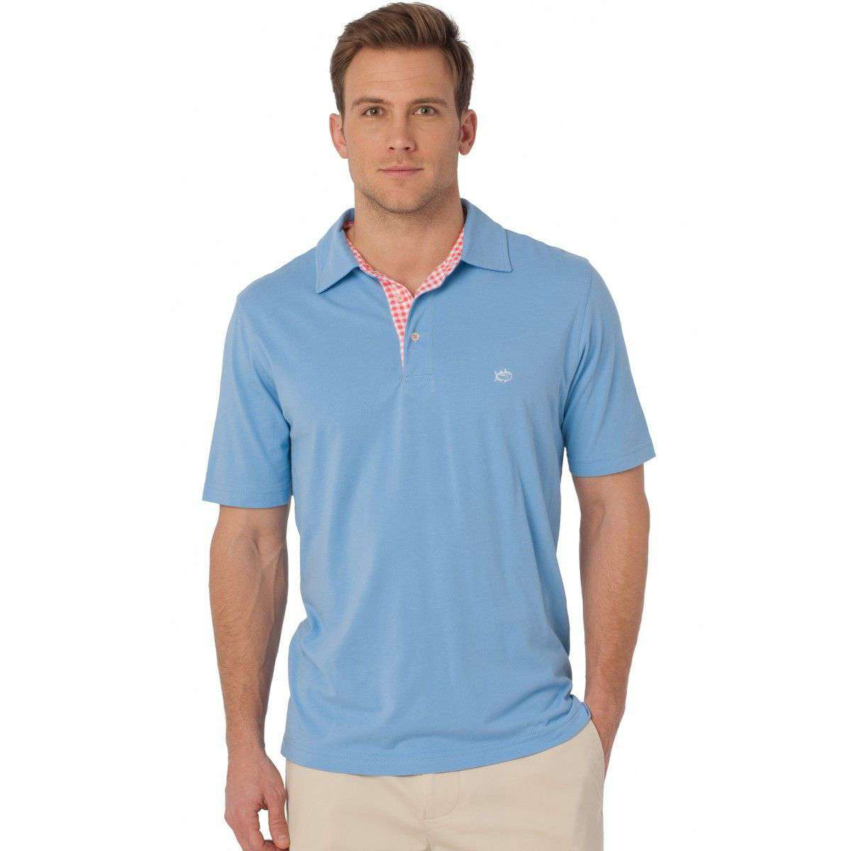 Southern Tide Gingham Placket Skipjack Polo in Ocean Channel Blue