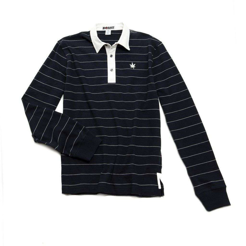Heavy Jersey Long Sleeve Polo in Navy with White Stripes by Boast - Country Club Prep