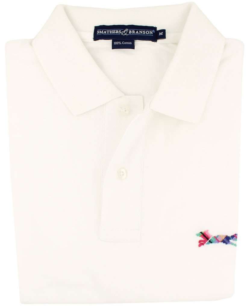 Longshanks Needlepoint Polo Shirt in White by Smathers & Branson - Country Club Prep
