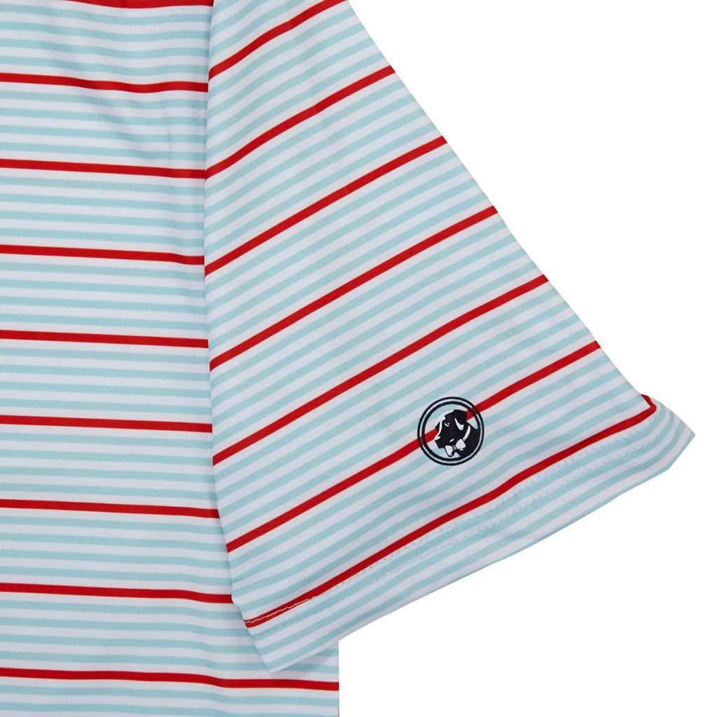 Performance Polo in Pool/Tomato Stripe by Southern Proper - Country Club Prep