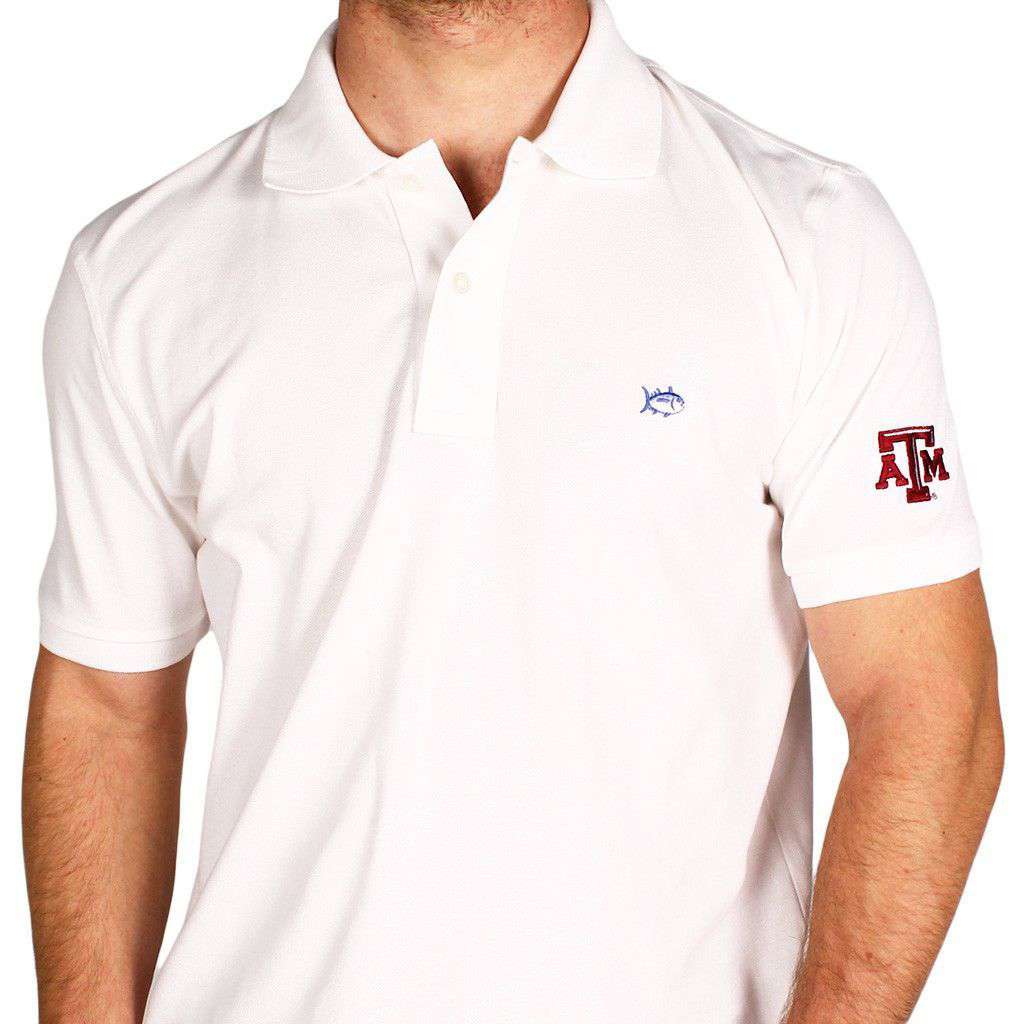 Texas A&M Collegiate Skipjack Polo in White by Southern Tide - Country Club Prep