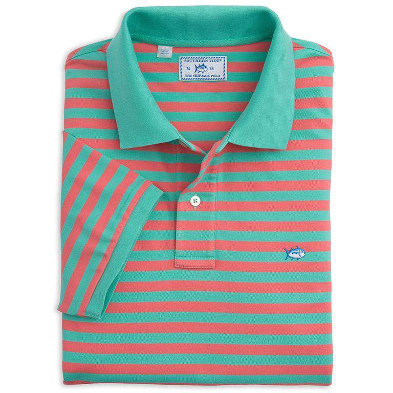 Yacht Stripe Skipjack Polo in Bermuda Teal and Coral by Southern Tide - Country Club Prep