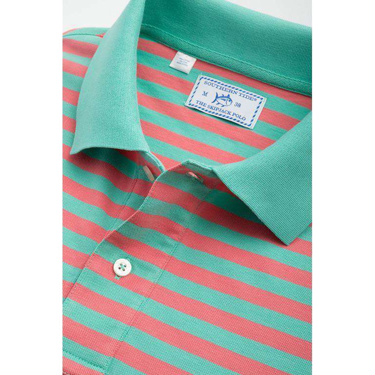 Yacht Stripe Skipjack Polo in Bermuda Teal and Coral by Southern Tide - Country Club Prep