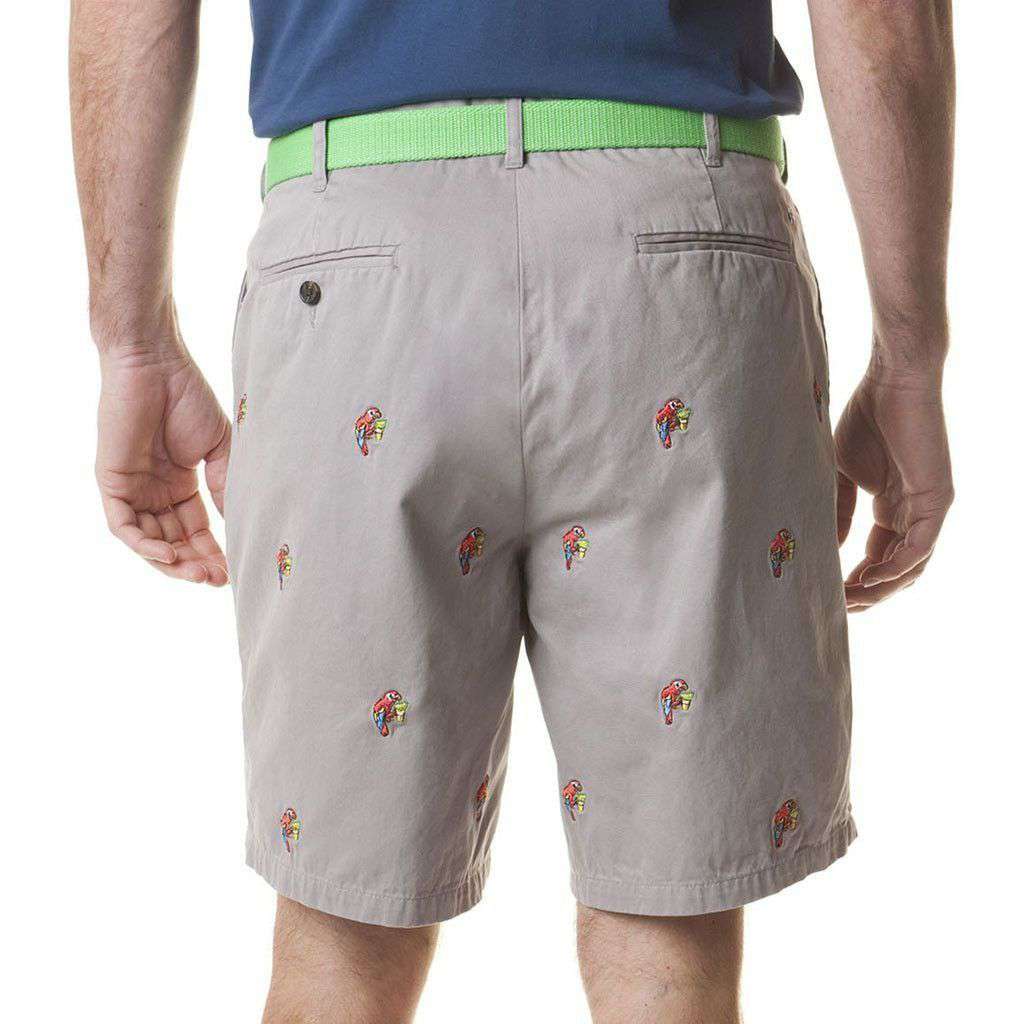 Cisco Short in Grey Mist with Embroidered Party Parrots by Castaway Clothing - Country Club Prep