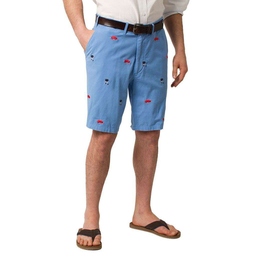Cisco Short in Periwinkle Blue with Embroidered BBQ Motif by Castaway Clothing - Country Club Prep