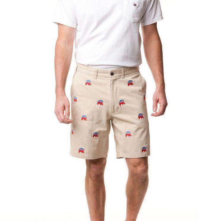 Cisco Short in Tan w/ Embroidered Political Elephants by Castaway Clothing - Country Club Prep