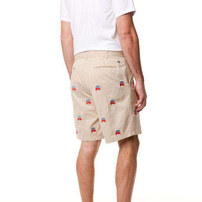 Cisco Short in Tan w/ Embroidered Political Elephants by Castaway Clothing - Country Club Prep