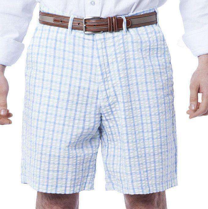 Cisco Shorts in Blue/Seafoam Gingham Seersucker by Castaway Clothing - Country Club Prep