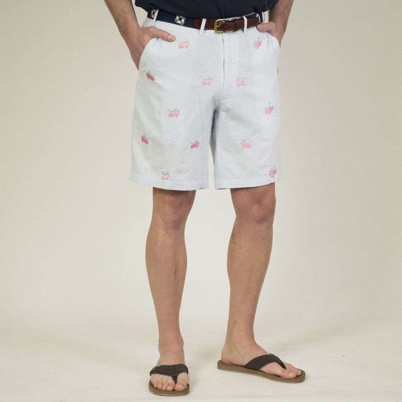 Cisco Shorts in Blue Seersucker with Embroidered Flying Pig by Castaway Clothing - Country Club Prep