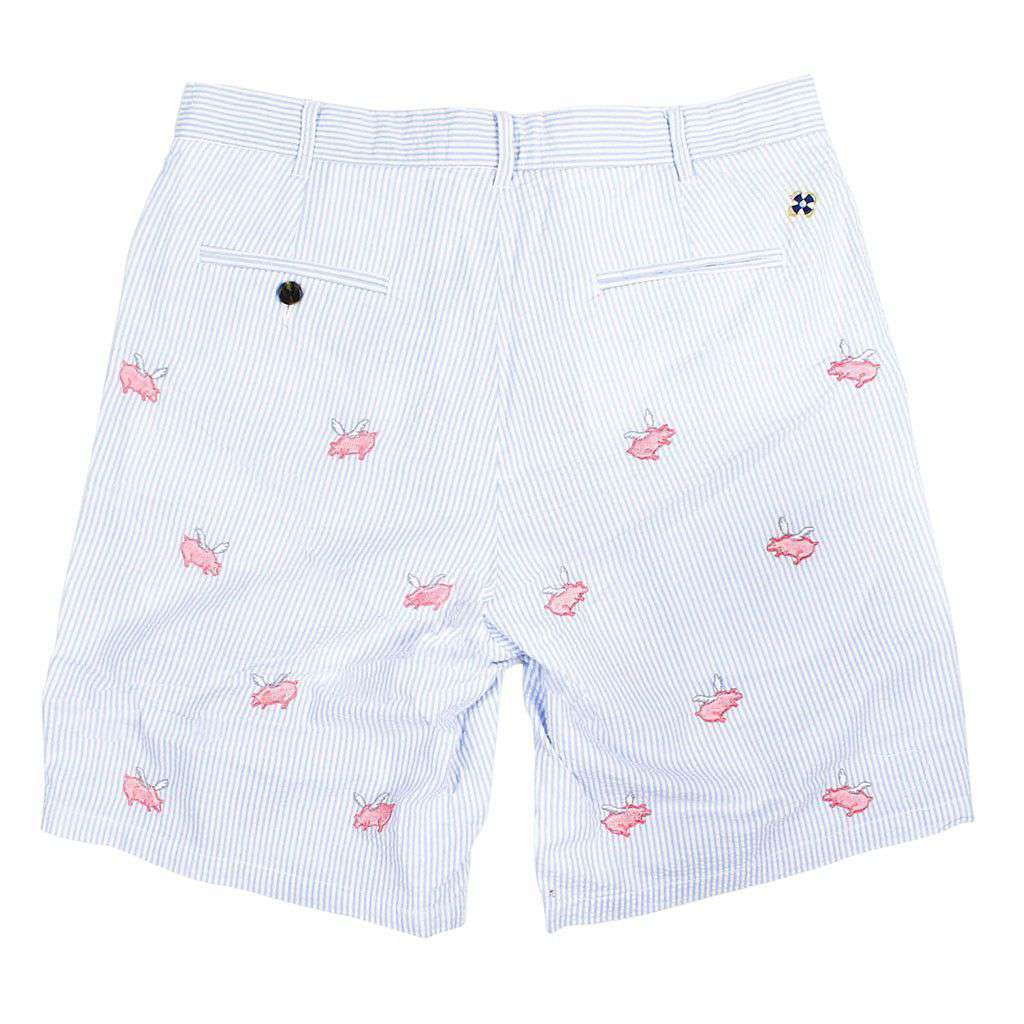 Cisco Shorts in Blue Seersucker with Embroidered Flying Pig by Castaway Clothing - Country Club Prep