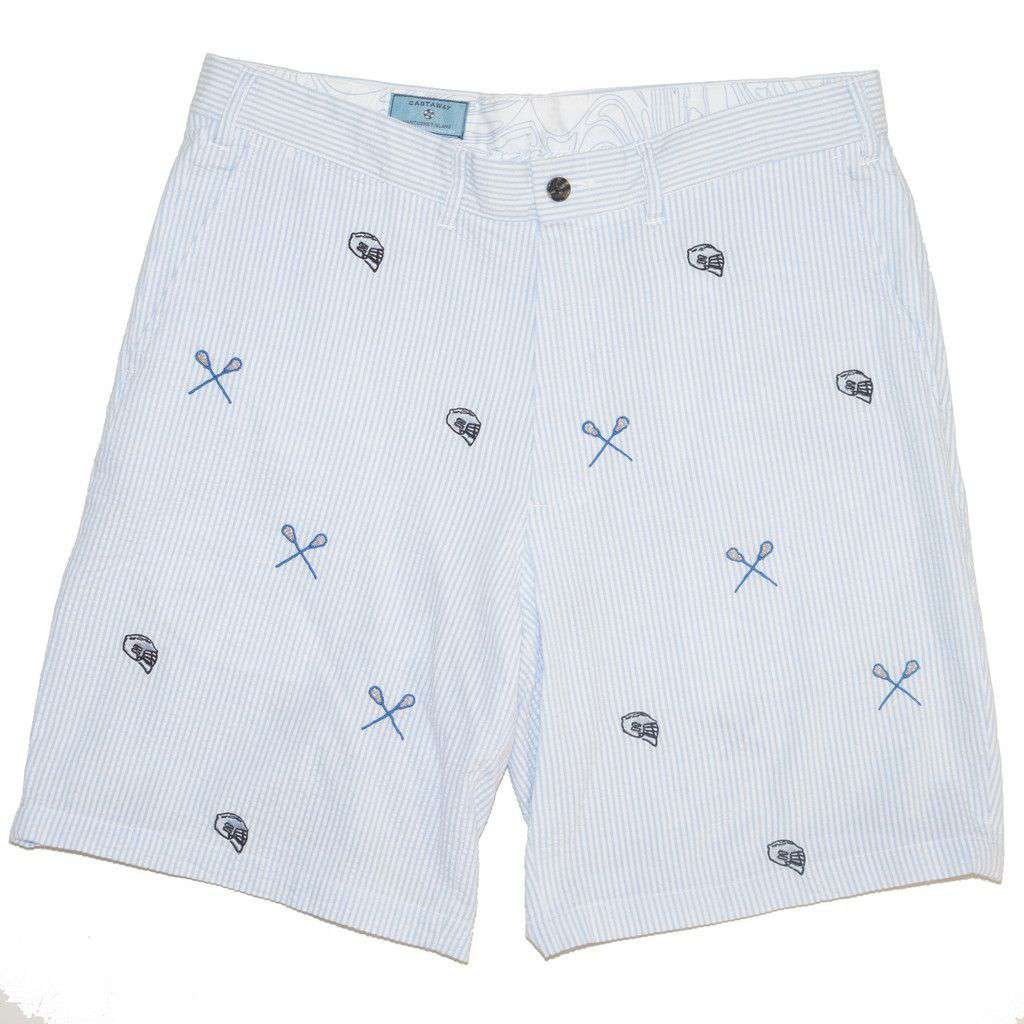 Cisco Shorts in Blue Seersucker with Embroidered Lacrosse Stick & Helmet by Castaway Clothing - Country Club Prep