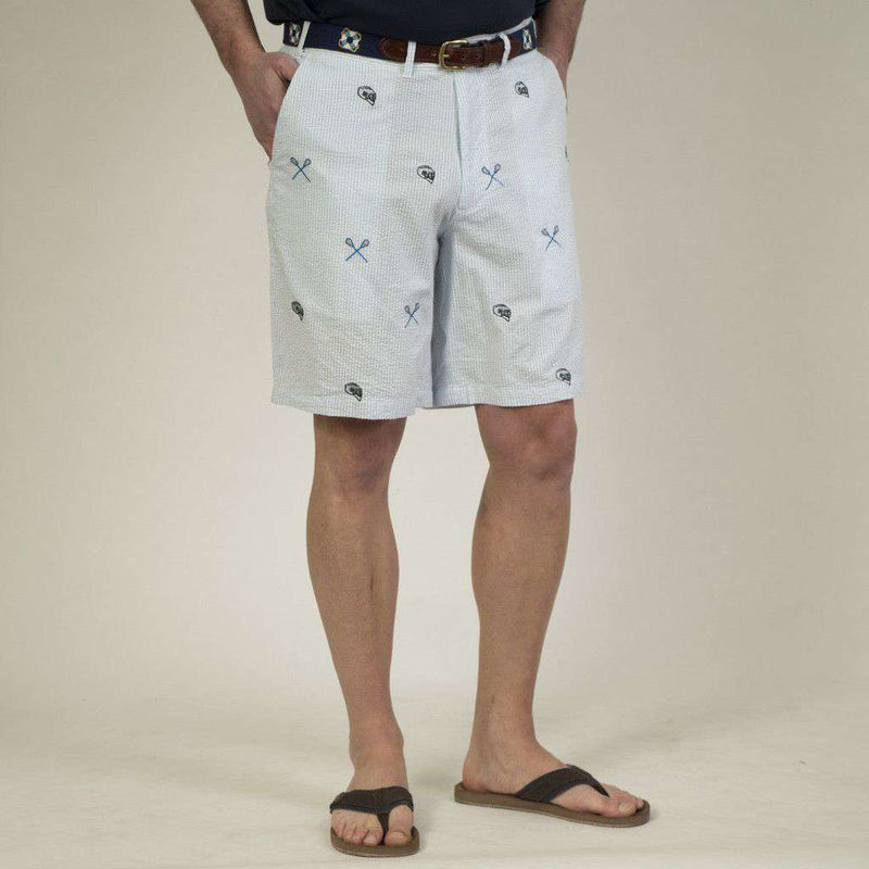 Cisco Shorts in Blue Seersucker with Embroidered Lacrosse Stick & Helmet by Castaway Clothing - Country Club Prep