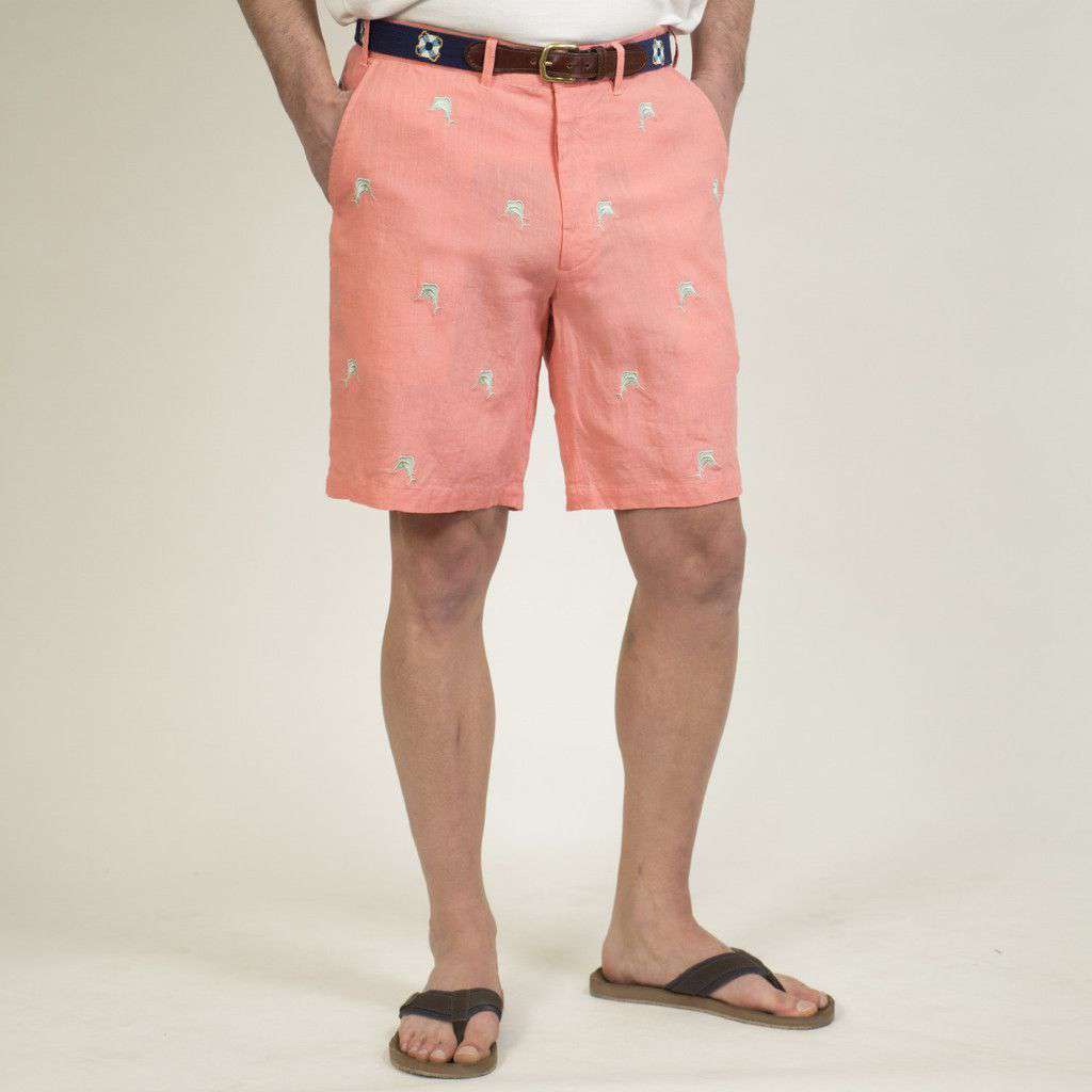 Cisco Shorts in Coral Linen with Embroidered Sailfish by Castaway Clothing - Country Club Prep