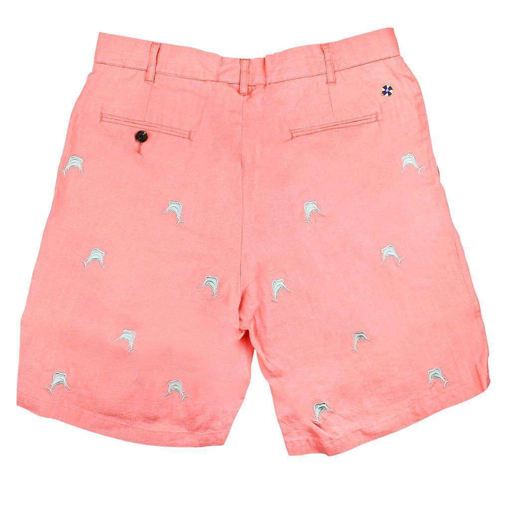 Cisco Shorts in Coral Linen with Embroidered Sailfish by Castaway Clothing - Country Club Prep