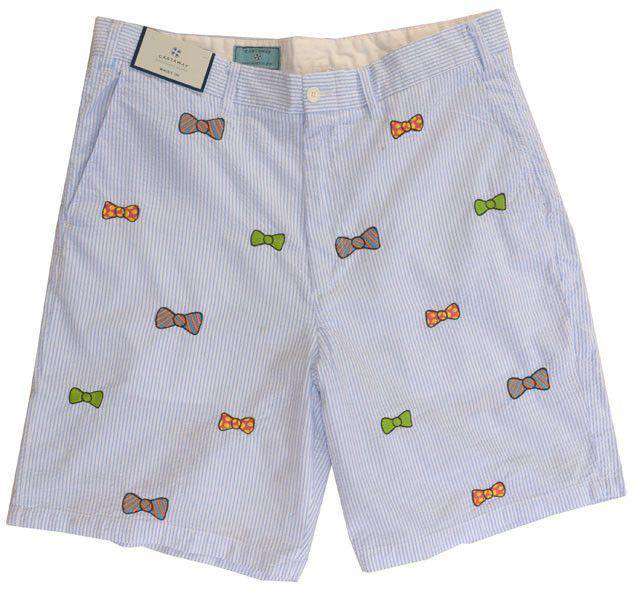 Embroidered Cisco Shorts Blue Seersucker with Bow Ties by Castaway Clothing - Country Club Prep