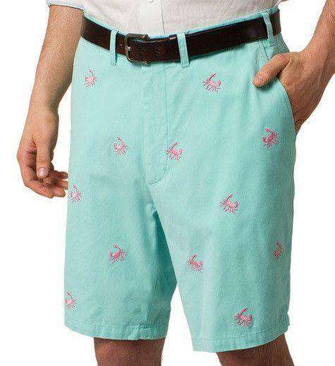 Embroidered Cisco Shorts in Aqua Blue with Pink Crab by Castaway Clothing - Country Club Prep