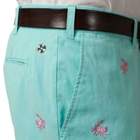 Embroidered Cisco Shorts in Aqua Blue with Pink Crab by Castaway Clothing - Country Club Prep