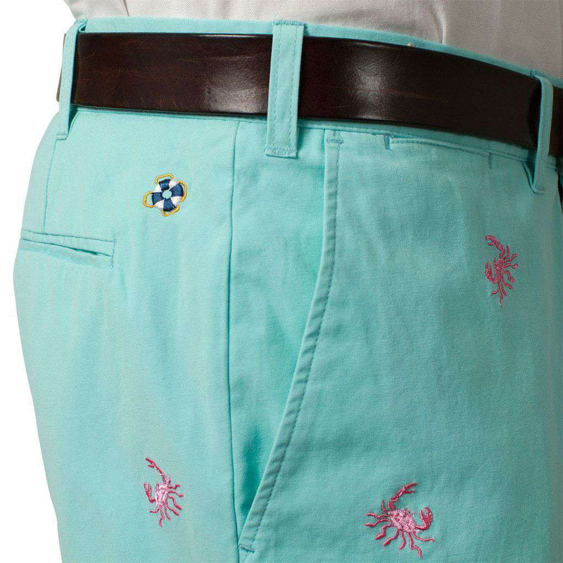 Embroidered Cisco Shorts in Aqua Blue with Pink Crab by Castaway Clothing - Country Club Prep