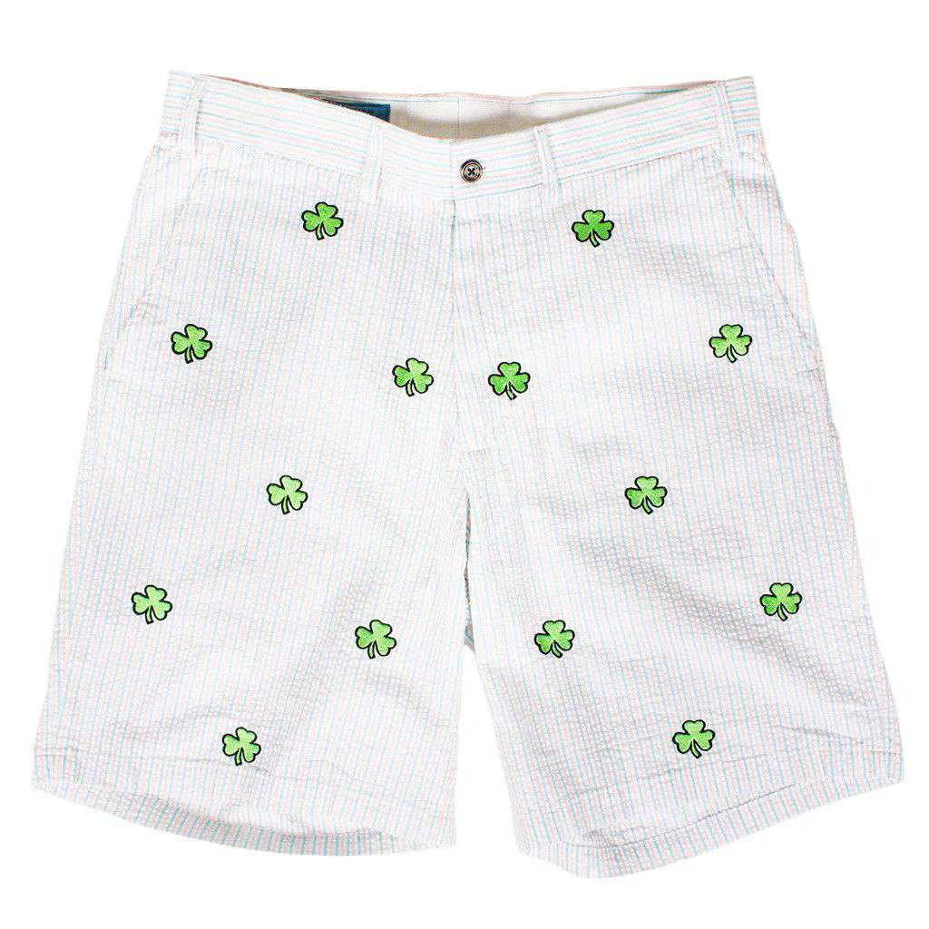 Embroidered Cisco Shorts in Melon Palm Seersucker with Kelly Green Shamrock by Castaway Clothing - Country Club Prep