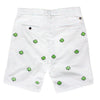 Embroidered Cisco Shorts in Melon Palm Seersucker with Kelly Green Shamrock by Castaway Clothing - Country Club Prep