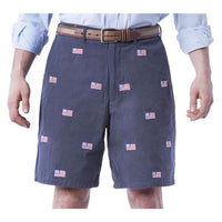 Embroidered Cisco Shorts in Nantucket Navy with American Flag by Castaway Clothing - Country Club Prep